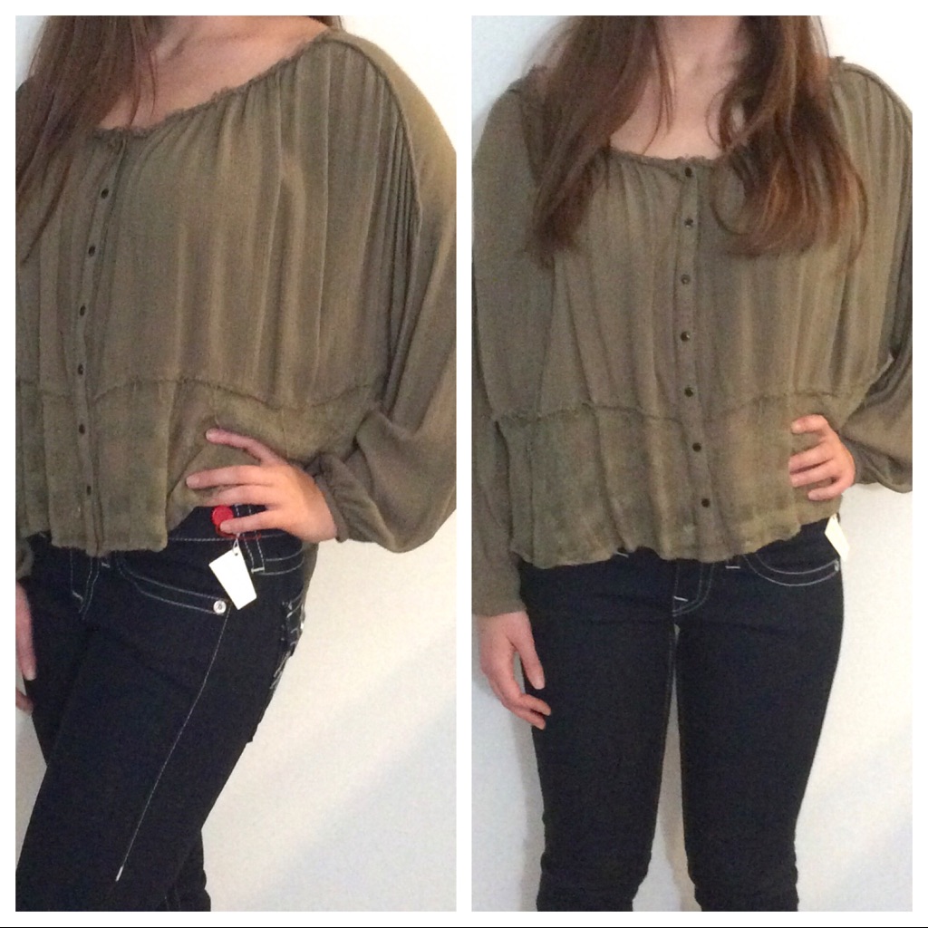 Olive Green - Free People Button Up Peasant Blouse
